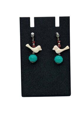 Vintage Carved Fetish Bird Dangle Earrings Red & Turquoise Beads Lightweight 1"
